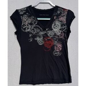 Calvin Klein Jeans Graphic Route Sz M 66 Black V Neck Women's Shirt Top T Shirt